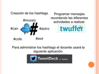 Creación de los hashtags.     Programar mensajes
                            recordando las diferentes
                              actividades a realizar.




Para administrar los hashtags el docente usará la
              siguiente aplicación:
 