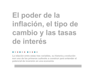 El poder de la
inflación, el tipo de
cambio y las tasas
de interés
La relación entre estas tres variables, su historia y evolución
son uno de los primeros outlooks a construir para entender el
potencial de inversión en una economía
 