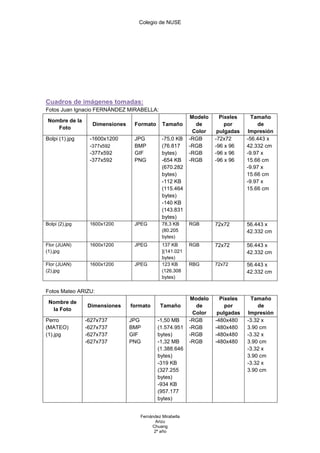 Colegio de NUSE




Cuadros de imágenes tomadas:
Fotos Juan Ignacio FERNÁNDEZ MIRABELLA:
                                                         Modelo     Pixeles     Tamaño
 Nombre de la
                  Dimensiones    Formato     Tamaño        de         por         de
    Foto
                                                          Color    pulgadas   Impresión
Bolpi (1).jpg    -1600x1200      JPG         -75,0 KB    -RGB     -72x72      -56.443 x
                 -377x592        BMP         (76.817     -RGB     -96 x 96    42.332 cm
                 -377x592        GIF         bytes)      -RGB     -96 x 96    -9.97 x
                 -377x592        PNG         -654 KB     -RGB     -96 x 96    15.66 cm
                                             (670.282                         -9.97 x
                                             bytes)                           15.66 cm
                                             -112 KB                          -9.97 x
                                             (115.464                         15.66 cm
                                             bytes)
                                             -140 KB
                                             (143.831
                                             bytes)
Bolpi (2).jpg    1600x1200       JPEG        78,3 KB     RGB      72x72       56.443 x
                                             (80.205                          42.332 cm
                                             bytes)
Flor (JUAN)      1600x1200       JPEG        137 KB      RGB      72x72       56.443 x
(1).jpg                                      ](141.021                        42.332 cm
                                             bytes)
Flor (JUAN)      1600x1200       JPEG        123 KB      RBG      72x72       56.443 x
(2).jpg                                      (126.308                         42.332 cm
                                             bytes)

Fotos Mateo ARIZU:
                                                         Modelo     Pixeles    Tamaño
 Nombre de
                Dimensiones     formato     Tamaño         de         por         de
  la Foto
                                                          Color    pulgadas   Impresión
Perro           -627x737        JPG        -1,50 MB      -RGB     -480x480    -3.32 x
(MATEO)         -627x737        BMP        (1.574.951    -RGB     -480x480    3.90 cm
(1).jpg         -627x737        GIF        bytes)        -RGB     -480x480    -3.32 x
                -627x737        PNG        -1,32 MB      -RGB     -480x480    3.90 cm
                                           (1.388.646                         -3.32 x
                                           bytes)                             3.90 cm
                                           -319 KB                            -3.32 x
                                           (327.255                           3.90 cm
                                           bytes)
                                           -934 KB
                                           (957.177
                                           bytes)


                                   Fernández Mirabella
                                          Arizu
                                        Chuang
                                         2º año
 