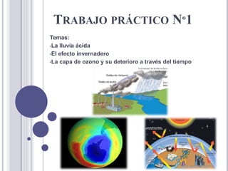 TRABAJO PRÁCTICO Nº1
Temas:
•La lluvia ácida
•El efecto invernadero
•La capa de ozono y su deterioro a través del tiempo
 