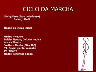 CICLO DA MARCHA
Swing Fase (Fase de balanço)
Balanço Médio
Depois da Swing inicial
Ombro –Neutro
Pelvis- Neutra; Coluna- neutra
Anca – Neutra
Joelho – Flexão (60 a 90º)
TT- flexão plantar a neutra
Pé- Neutro
Dedos- Extensão ligeira
 