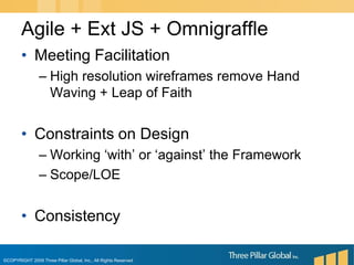 Meeting FacilitationHigh resolution wireframes remove Hand Waving + Leap of FaithConstraints on DesignWorking ‘with’ or ‘against’ the FrameworkScope/LOEConsistencyAgile + Ext JS + Omnigraffle