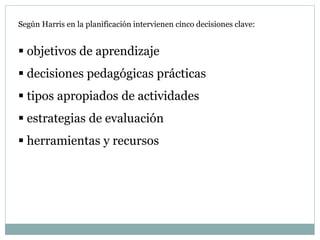 Según Harris en la planificación intervienen cinco decisiones clave:
 objetivos de aprendizaje
 decisiones pedagógicas prácticas
 tipos apropiados de actividades
 estrategias de evaluación
 herramientas y recursos
 
