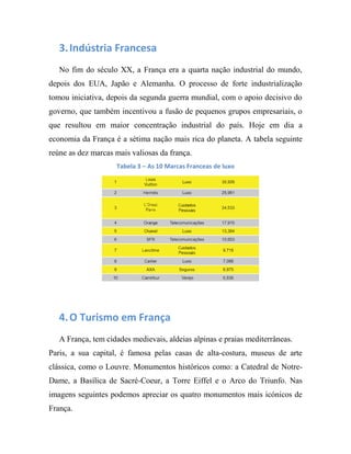 3.Indústria Francesa
No fim do século XX, a França era a quarta nação industrial do mundo,
depois dos EUA, Japão e Alemanha. O processo de forte industrialização
tomou iniciativa, depois da segunda guerra mundial, com o apoio decisivo do
governo, que também incentivou a fusão de pequenos grupos empresariais, o
que resultou em maior concentração industrial do país. Hoje em dia a
economia da França é a sétima nação mais rica do planeta. A tabela seguinte
reúne as dez marcas mais valiosas da frança.
Tabela 3 – As 10 Marcas Franceas de luxo
4.O Turismo em França
A França, tem cidades medievais, aldeias alpinas e praias mediterrâneas.
Paris, a sua capital, é famosa pelas casas de alta-costura, museus de arte
clássica, como o Louvre. Monumentos históricos como: a Catedral de Notre-
Dame, a Basílica de Sacré-Coeur, a Torre Eiffel e o Arco do Triunfo. Nas
imagens seguintes podemos apreciar os quatro monumentos mais icónicos de
França.
 