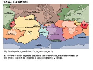 PLACAS TECTONICAS http://es.wikipedia.org/wiki/Archivo:Placas_tectonicas_es.svg  La litosfera se divide en placas. Las placas son continentales, oceánicas o mixtas. En sus limites, es donde se concentra la actividad volcánica y sísmica. 
