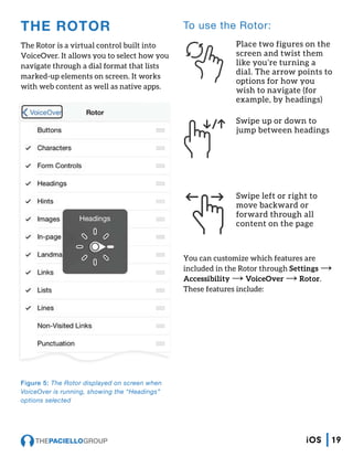 THE ROTOR
The Rotor is a virtual control built into
VoiceOver. It allows you to select how you
navigate through a dial format that lists
marked-up elements on screen. It works
with web content as well as native apps.
Figure 5: The Rotor displayed on screen when
VoiceOver is running, showing the “Headings”
options selected
To use the Rotor:
Place two figures on the
screen and twist them
like you’re turning a
dial. The arrow points to
options for how you
wish to navigate (for
example, by headings)
Swipe up or down to
jump between headings
Swipe left or right to
move backward or
forward through all
content on the page
You can customize which features are
included in the Rotor through Settings →
Accessibility → VoiceOver → Rotor.
These features include:
19iOS
 