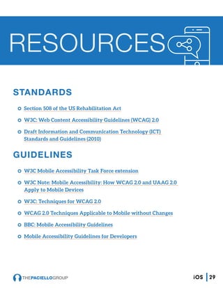STANDARDS
CC Section 508 of the US Rehabilitation Act
CC W3C: Web Content Accessibility Guidelines (WCAG) 2.0
CC Draft Information and Communication Technology (ICT)
Standards and Guidelines (2010)
GUIDELINES
CC W3C Mobile Accessibility Task Force extension
CC W3C Note: Mobile Accessibility: How WCAG 2.0 and UAAG 2.0
Apply to Mobile Devices
CC W3C: Techniques for WCAG 2.0
CC WCAG 2.0 Techniques Applicable to Mobile without Changes
CC BBC: Mobile Accessibility Guidelines
CC Mobile Accessibility Guidelines for Developers
RESOURCES
29iOS
 