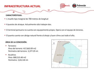 ÁREA DE LA CONCESIÓN:
 Terrestre:
Área del terreno: 417,663.09 m2
Perímetro del terreno: 3,377.29 ml.
 Acuática:
Área: 800,515.48 m2
Perímetro: 3,812.40 ml.
 1 muelle tipo marginal de 700 metros de longitud
 4 puestos de atraque. Actualmente sólo trabajan dos.
 El terminal portuario no cuenta con equipamiento propio. Opera con el equipo de terceros.
 El puerto cuenta con abrigo natural frente al oleaje y buen clima casi todo el año.
INFRAESTRUCTURA ACTUAL
CARACTERÍSTICAS:
 