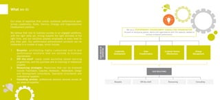 We are a PERFORMANCE ENHANCEMENT CONSULTING ORGANISATION focused on equipping people, teams and organisations with the capacity needed to achieve sustained performance. 
Leadership 
Development 
Sales 
Transformation 
Customer Service Effectiveness 
Change 
Management 
OUR AREAS OF EXPERTISE 
OUR SOLUTIONS 
Bespoke 
Off-the-shelf 
Resourcing 
Consulting 
What we do 
Our areas of expertise that unlock sustained performance span across Leadership, Sales, Service, Change and Organisational Development practices. 
We believe that core to business success is an engaged workforce, with the right skills set, driving towards the right activities at the right time, and our solutions prepare employees at every level to play their part. Our performance enhancement solutions can be contracted in a number of ways, which include: 
1. Bespoke: architecting highly customised end to end performance solutions that are tailored to business requirements 
2. Off–the-shelf: ready made workshop based learning programmes, and the purchase and or licencing of intellectual property 
3. Resourcing strategies: Resources that can be brokered include: Facilitators, Coaches, Assessors, Moderators, Design and development consultants, Specialist consultants and motivational speakers 
4. Consulting services: professional advisory services across all our areas of expertise  