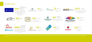 Our track record 
We work with clients across a variety of business sectors with a well established presence in the financial services sector working across the BIG 4. We work in South Africa and into Africa.  