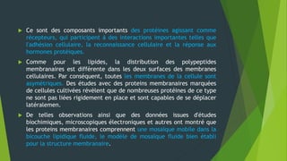  Ce sont des composants importants des protéines agissant comme
récepteurs, qui participent à des interactions importantes telles que
l'adhésion cellulaire, la reconnaissance cellulaire et la réponse aux
hormones protéiques.
 Comme pour les lipides, la distribution des polypeptides
membranaires est différente dans les deux surfaces des membranes
cellulaires. Par conséquent, toutes les membranes de la cellule sont
asymétriques. Des études avec des proteins membranaires marquées
de cellules cultivées révèlent que de nombreuses protéines de ce type
ne sont pas liées rigidement en place et sont capables de se déplacer
latéralemen.
 De telles observations ainsi que des données issues d'études
biochimiques, microscopiques électroniques et autres ont montré que
les proteins membranaires comprennent une mosaïque mobile dans la
bicouche lipidique fluide, le modèle de mosaïque fluide bien établi
pour la structure membranaire.
 