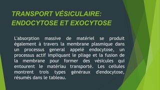 L'absorption massive de matériel se produit
également à travers la membrane plasmique dans
un processus general appelé endocytose, un
processus actif impliquant le pliage et la fusion de
la membrane pour former des vésicules qui
entourent le matériau transporté. Les cellules
montrent trois types généraux d'endocytose,
résumés dans le tableau.
TRANSPORT VÉSICULAIRE:
ENDOCYTOSE ET EXOCYTOSE
 