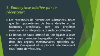 3. Endocytose médiée par le
récepteur:
 Les récepteurs de nombreuses substances, telles
que les lipoprotéines de basse densité et les
hormones protéiques, sont des protéines
membranaires intégrales à la surface cellulaire.
 La liaison de haute affinité de tels ligands à leurs
récepteurs provoque l'agrégation de ces proteins
dans des regions membranaires spéciales qui
ensuite s'invaginent et se pincent intérieurement
sous forme de vésicules.
 