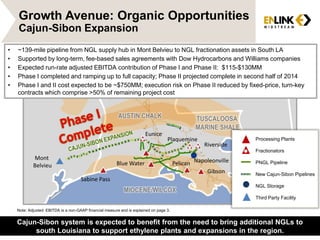 Growth Avenue: Organic Opportunities
Cajun-Sibon Expansion
13Slide 13
AUSTIN CHALK TUSCALOOSA
MARINE SHALE
MIOCENE/WILCOX
Sabine Pass
Blue Water Pelican Napoleonville
Plaquemine
Eunice
Processing Plants
Fractionators
PNGL Pipeline
New Cajun-Sibon Pipelines
NGL Storage
Third Party Facility
Gibson
Riverside
Mont
Belvieu
• ~139-mile pipeline from NGL supply hub in Mont Belvieu to NGL fractionation assets in South LA
• Supported by long-term, fee-based sales agreements with Dow Hydrocarbons and Williams companies
• Expected run-rate adjusted EBITDA contribution of Phase I and Phase II: $115-$130MM
• Phase I completed and ramping up to full capacity; Phase II projected complete in second half of 2014
• Phase I and II cost expected to be ~$750MM; execution risk on Phase II reduced by fixed-price, turn-key
contracts which comprise >50% of remaining project cost
Cajun-Sibon system is expected to benefit from the need to bring additional NGLs to
south Louisiana to support ethylene plants and expansions in the region.
Note: Adjusted EBITDA is a non-GAAP financial measure and is explained on page 3.
 