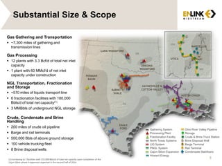Substantial Size & Scope
8
AUSTIN CHALK
EAGLE
FORD
PERMIAN
BASIN
CANA-WOODFORD
ARKOMA-
WOODFORD
BARNETT
SHALE
HAYNESVILLE &
COTTON VALLEY
UTICA
MARCELLUS
LA
TX
OK
OH
WV
PA
Gathering System
Processing Plant
Fractionation Facility
North Texas Systems
LIG System
PNGL System
Cajun-Sibon Expansion
Howard Energy
Ohio River Valley Pipeline
Storage
Crude & Brine Truck Station
Brine Disposal Well
Barge Terminal
Rail Terminal
Condensate Stabilizers
Gas Gathering and Transportation
 ~7,300 miles of gathering and
transmission lines
Gas Processing
 12 plants with 3.3 Bcf/d of total net inlet
capacity
 1 plant with 60 MMcf/d of net inlet
capacity under construction
NGL Transportation, Fractionation
and Storage
 ~570 miles of liquids transport line
 6 fractionation facilities with 180,000
Bbls/d of total net capacity(1)
 3 MMBbls of underground NGL storage
Crude, Condensate and Brine
Handling
 200 miles of crude oil pipeline
 Barge and rail terminals
 500,000 Bbls of above ground storage
 100 vehicle trucking fleet
 8 Brine disposal wells
(1) Increasing to 7 facilities with 252,000 Bbls/d of total net capacity upon completion of the
Cajun-Sibon phase II expansion expected in the second half of 2014.
 