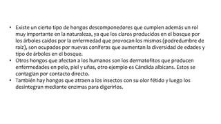 • Existe un cierto tipo de hongos descomponedores que cumplen además un rol
muy importante en la naturaleza, ya que los claros producidos en el bosque por
los árboles caídos por la enfermedad que provocan los mismos (podredumbre de
raíz), son ocupados por nuevas coníferas que aumentan la diversidad de edades y
tipo de árboles en el bosque.
• Otros hongos que afectan a los humanos son los dermatofitos que producen
enfermedades en pelo, piel y uñas, otro ejemplo es Cándida albicans. Estos se
contagian por contacto directo.
• También hay hongos que atraen a los insectos con su olor fétido y luego los
desintegran mediante enzimas para digerirlos.
 