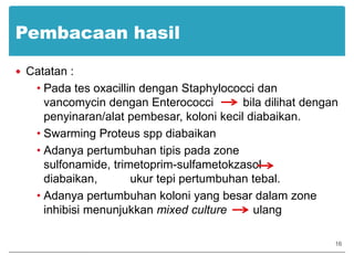 Pembacaan hasilCatatan :Pada tes oxacillin dengan Staphylococci dan vancomycin dengan Enterococci         bila dilihat dengan penyinaran/alat pembesar, koloni kecil diabaikan.Swarming Proteus spp diabaikanAdanya pertumbuhan tipis pada zone sulfonamide, trimetoprim-sulfametokzasol diabaikan,          ukur tepi pertumbuhan tebal.Adanya pertumbuhan koloni yang besar dalam zone inhibisi menunjukkan mixed culture        ulang16