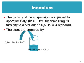 InoculumThe density of the suspension is adjusted to approximately 108 CFU/ml by comparing its turbidity to a McFarland 0,5 BaSO4 standard.The standard prepared by :0,5 ml  0,048 M BaCl299,5 ml 0,36 N H2SO426
