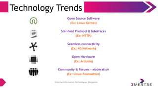 Emertxe Information Technologies, Bangalore
Technology Trends
Open Source Software
(Ex: Linux Kernel)
Standard Protocol & Interfaces
(Ex: HTTP)
Seamless connectivity
(Ex: 4G Network)
Open Hardware
(Ex: Arduino)
Community & Forums - Moderation
(Ex: Linux Foundation)
 