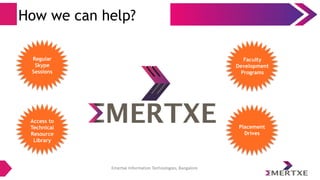 Emertxe Information Technologies, Bangalore
How we can help?
Regular
Skype
Sessions
Access to
Technical
Resource
Library
Faculty
Development
Programs
Placement
Drives
 
