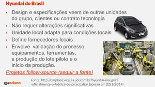  Design e especificações veem de outras unidades
do grupo, clientes ou contrato tecnologia
 Não requer alterações significativas
 Unidade local adapta para condições locais
 Define fornecedores locais
 Envolve validação do processo,
equipamentos, ferramentas,
a produção do lote piloto e o
início da produção.
Projetos follow-source (seguir a fonte)
Hyundai do Brasil
Fonte: http://carplace.virgula.uol.com.br/hyundai-inaugura
-oficialmente-a-fabrica-de-piracicaba/ (acesso em 22/1/2014)
 