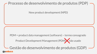 Processo de desenvolvimento de produtos (PDP)
Gestão do desenvolvimento de produtos (GDP)
New product development (NPD)
PDM = product data management (software) – termo consagrado
Product Development Management (PDM) – não usado
 