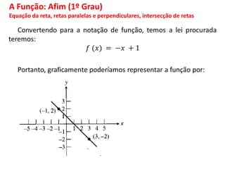 A Função: Afim (1º Grau)
Equação da reta, retas paralelas e perpendiculares, intersecção de retas
 