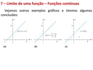 Vejamos outros exemplos gráficos e tiremos algumas
conclusões:
7 – Limite de uma função – Funções contínuas
 