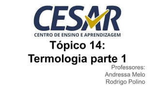 Tópico 14:
Termologia parte 1
Professores:
Andressa Melo
Rodrigo Polino
 