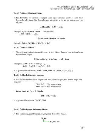 Universidade do Estado do Amazonas – UEA
                                             Escola Superior de Tecnologia - EST – Química Geral	
  
	
  
2.4.1.2 Óxidos Ácidos (anidridos)

• São formados por ametais e reagem com água formando ácidos e com bases
  formando sal e água. São formados por não-metais e por certos metais com Nox
  elevado.

                               Óxido ácido + H2O → ácido

Exemplo: N2O5 + H2O → 2HNO3         “chuva ácida”
        SO3 + H2O → H2SO4

                             Óxido ácido + base → sal + H2O

Exemplo: CO2 + Ca(OH)2 → CaCO3 + H2O

2.4.1.3 Óxidos Anfóteros

• São óxidos de caráter intermediário entre ácido e básico. Reagem com ácidos e bases
  formando sal e água.

                        Óxido anfótero + ácido/base → sal + água

Exemplos: ZnO + 2HCl → ZnCl2 + H2O
          ZnO + 2NaOH → Na2ZnO2 + H2O

• Alguns óxidos anfóteros: Al2O3 , ZnO , PbO, SnO, SnO2, As2O3, As2O5

2.4.1.4 Óxidos Indiferentes (neutros)

• São todos covalentes e não reagem com base, ácido ou água; mas podem reagir com
oxigênio.
                          CO + H2O → Não ocorre reação
                          NO + HCl → Não ocorre reação

• Óxido Neutro + O2 → Oxidação

                                 CO + ½O2 → CO2

• Alguns óxidos neutros: CO, NO, N2O



2.4.1.5 Óxidos Duplos, Salinos ou Mistos

• São óxidos que, quando aquecidos, originam dois outros óxidos.

                                 M	
  3O4
                                            Fe, Pb, Mn


                                                                                   15	
  
	
  
 