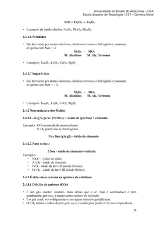 Universidade do Estado do Amazonas – UEA
                                             Escola Superior de Tecnologia - EST – Química Geral	
  
	
  
                               FeO + Fe2O3 → Fe3O4

• Exemplos de óxidos duplos: Fe3O4; Pb3O4; Mn3O4

2.4.1.6 Peróxidos

• São formados por metais alcalinos, alcalinos terrosos e hidrogênio e possuem
  oxigênio com Nox = -1.
                                      M2O2 - MO2
                              M. Alcalinos       M. Alc. Terrosos

• Exemplos: Na2O2, Li2O2, CaO2, MgO2


2.4.1.7 Superóxidos

• São formados por metais alcalinos, alcalinos terrosos e hidrogênio e possuem
  oxigênio com Nox = - ½.

                                     M2O4 - MO4
                               M. Alcalinos M. Alc. Terrosos

• Exemplos: Na2O4, Li2O4, CaO4, MgO4

2.4.2 Nomenclatura dos Óxidos

2.4.2.1 - Regra geral: (Prefixo) + óxido de (prefixo) + elemento

Exemplos: CO monóxido de monocarbono
          N2O5 pentóxido de dinitrogênio

                    Nox fixo (g1e g2) - óxido de elemento

2.4.2.2 Para metais:

                ΔNox - óxido de elemento+valência
Exemplos:
   • Na2O – óxido de sódio
   • Al2O3 – óxido de alumínio
   • FeO – óxido de ferro II (óxido ferroso)
   • Fe2O3 – óxido de ferro III (óxido férrico)

2.4.3 Óxidos mais comuns na química do cotidiano

2.4.3.1 Dióxido de carbono (CO2)

• É um gás incolor, inodoro, mais denso que o ar. Não é combustível e nem
  comburente, por isso, é usado como extintor de incêndio.
• É o gás usado nos refrigerantes e nas águas minerais gaseificadas.
• O CO2 sólido, conhecido por gelo seco, é usado para produzir baixas temperaturas.

                                                                                   16	
  
	
  
 