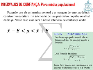 INTERVALOS DE CONFIANÇA: Para média populacional
 