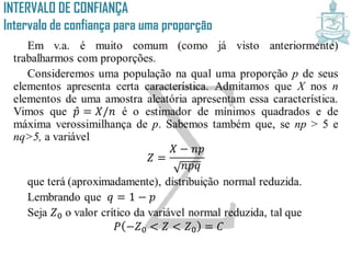 INTERVALO DE CONFIANÇA
Intervalo de confiança para uma proporção
 