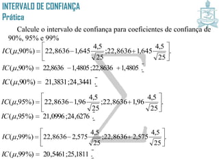 INTERVALO DE CONFIANÇA
Prática
Calcule o intervalo de confiança para coeficientes de confiança de
90%, 95% e 99%
.
25
5,4
645,122,8636;
25
5,4
645,122,8636%)90,(IC
.4805,122,8636;4805,122,8636%)90,(IC
.3441,24;3831,21%)90,(IC
.
25
5,4
96,122,8636;
25
5,4
96,122,8636%)95,(IC
.6276,24;0996,21%)95,(IC
.
25
5,4
575,222,8636;
25
5,4
575,222,8636%)99,(IC
.1811,25;5461,20%)99,(IC
 