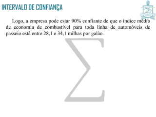 INTERVALO DE CONFIANÇA
Logo, a empresa pode estar 90% confiante de que o índice médio
de economia de combustível para toda linha de automóveis de
passeio está entre 28,1 e 34,1 milhas por galão.
 