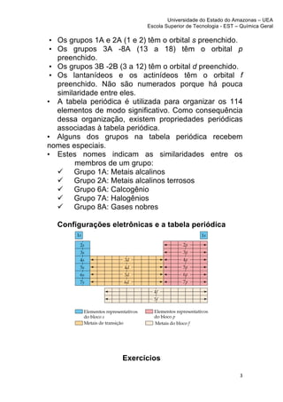Universidade do Estado do Amazonas – UEA
                                   Escola Superior de Tecnologia - EST – Química Geral	
  
	
  
        • Os grupos 1A e 2A (1 e 2) têm o orbital s preenchido.
        • Os grupos 3A -8A (13 a 18) têm o orbital p
          preenchido.
        • Os grupos 3B -2B (3 a 12) têm o orbital d preenchido.
        • Os lantanídeos e os actinídeos têm o orbital f
          preenchido. Não são numerados porque há pouca
          similaridade entre eles.
       • A tabela periódica é utilizada para organizar os 114
          elementos de modo significativo. Como consequência
          dessa organização, existem propriedades periódicas
          associadas à tabela periódica.
       • Alguns dos grupos na tabela periódica recebem
       nomes especiais.
       • Estes nomes indicam as similaridades entre os
               membros de um grupo:
          ü Grupo 1A: Metais alcalinos
          ü Grupo 2A: Metais alcalinos terrosos
          ü Grupo 6A: Calcogênio
          ü Grupo 7A: Halogênios
          ü Grupo 8A: Gases nobres

         Configurações eletrônicas e a tabela periódica




                            Exercícios

                                                                           3	
  
	
  
 