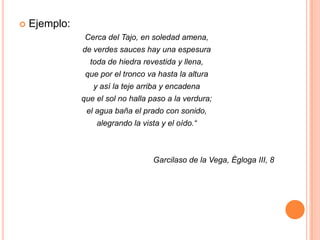 Ejemplo:Cerca del Tajo, en soledad amena, de verdes sauces hay una espesura  toda de hiedra revestida y llena, que por el tronco va hasta la altura y así la teje arriba y encadena que el sol no halla paso a la verdura; el agua baña el prado con sonido, alegrando la vista y el oído.“Garcilaso de la Vega, Égloga III, 8