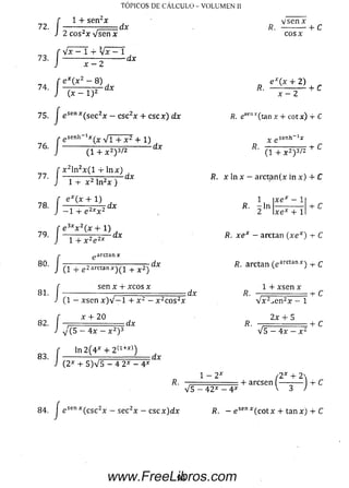 TOPICOS DE CÁLCULO - VOLUMEN II
7 2 . /
1 + se n 2x
2 c o s2x V se n x
dx
, ' V x - 1 + V x - í
73. | --------------- r ---------dx
* J : x - 2
e x( x 2 - 8)
75. j e sen* ( s e c 2x - csc 2x + c s c x ) d x
J e *enh_1* ( x V l T x 2 + i )
76
(1 + x 2) 3/2
x 2In 2x ( l -r ln x )
■dx
ñ77. | — — — y ~ --, / dx
•t- x ¿ Inr
:(x + l )
+ e 2xx 2
f e x (x + 1)
78, j _ i 4- a2xv 2 dx
■e 3 x x 2 ^ x +
79. i .■„ .  d s
f e**
’ J ~1
• /
■/
-t- x ze2¿>2at
(1 + g Z a rc ta n *)^ + * 2 )
sen x + xcos x
dx
R. ---------- + C
c o s x
Vsen x
e * ( x + 2 )
R■ — - ..+ C
x - 2
fi. efefl*(tan x + c o tx ) -f C
,senh-1jr
(1 + x 2) 3/2
i?, x ln x - a rc ta n (x in x ) + C
R. - l n
2
x e x — 1
C
(1 - x se n x ) V - l + x 2 - x 2c o s2x
:dx
x + 20
82. - - ... ......dx
83.
y¡ (5 - 4 x - x 2) 3
I n 2 ( 4 * + 2 (1+A:))
( 2X + 5 )V 5 - 4 2 * - 4 *
dx
x e x + 1
R. x e x —arctan (x e x) -t- C
ñ. arctan (e arctan* ) - r C
1 + x se n x
/?. - .... - + r.
V x 2^ en 2x — 1
2 x + 5
R. - + r
V 5 - 4 x - x 2
1 - 2 * ( 2X + 2
r — .. + arcsen
84
. r
V5^ 4 2 ^ 74 7 l 3 y ’1"
J e senx(csc2x - sec2x - cs cx) dx R. - e sen* ( c o t x + t a n x) + C
94www.FreeLibros.com
 