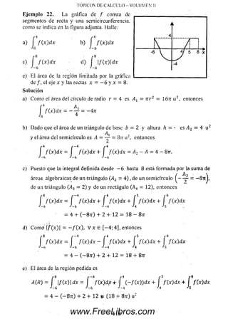 TOPICOS DE C A L C U L O - V O LU M E N II
E je m plo 22. L a gráfica de / consta de
segmentos de recta y una semicircunferencia,
com o se indica en la figura adjunta. Halle:
a) í / ( x ) d x b) í f ( x ) d x
J o J -6
c) f / ( x ) d x d) f |/(x)|dx
•'-6 J-6
e) E l área de la región limitada por la gráfica
de /, el eje x y las rectas x = —6 y x = 8 .
Solución
a) C om o el área del círculo de radio r = .4 es Ax = n r 2 = Ió ít u 2, entonces
A= —4ti
i
4
k
i
i 
i 
y *
/■ i
/ * i
/ ! !
“6 V y 5 ¿ x
-4
í A,
J / W ^ = - T = -
b) Dado que el área de un triángulo de base b = 2 y altura h = v es /12 = 4 u 2
/4
y el área del sem icírculo es A = — = 8n u 2, entonces
í f ( x ) dx = í / (x )d x + í f ( x ) d x = Az - A = 4 - 8tt.
J - 6 J - 6 J —4
c) Puesto que la integral definida desde —6 hasta 8 está form ada por la sum a de
/ A2 
áreas algebraicas de un triángulo (A2 = 4 ), de un sem icírculo — = — 8n j,
de un triángulo (Á3 — 2) y de un rectágulo (A 4 = 12), entonces
r 8 r —4 /•4 r 5 /*8
I / ( x )d x = I / (x )d x + I f ( x ) d x + I / (x )d x + I / (x )d x
J - 6 J - 6 J - 4 J 4 J s
= 4 + ( — 87t) + 2 + 12 — 18 ■ 87T
d) C om o |/(x)| = — / (x ), V x G [ - 4 ; 4 ] , entonces
í / (x )d x = f / ( x ) d x - í f (x ) d x + í f ( x ) d x + í f ( x ) dx
j - ó J -6 ■'-4 **4 Js
= 4 - C— 8 tt) + 2 + 12 = 18 + 8 tt
e) El área de la región pedida es
4 ( R ) = í |/(x)| dx = [ f ( x ) d p T h ( ( - / ( x ) ) d x + [ / ( x ) d x + í f (x ) d x
J -6 J - 6 • '- 4 -M ->5
'= 4 — ( —87r) + 2 + 1 2 ( 1 8 + 87r) u 2
118www.FreeLibros.com
 
