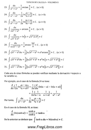■h
■ h
du
+ u- a
TOPICOS DE CALCULO - VOLUMEN II
1 U
arctan —+ C , (a > 0)
1 u —a
= — ln
2a u + a
1 u + a
= — ln
2a u - a
+ C , (a > 0)
+ C , (a > 0)
26
f du u
—= = = arcsen - + C , (a > 0)
-a rc se c ------1- C , (a > 0)
a
29
30
a rc se n - + C , (a > 0)
a j
f du i ,-----------1
27. I - p = = In u + V u 2 ± a 2 + C
v u 2 ± a 2
r du 1
28. — ;..= -
J u v u 2 — a 2 a
. J yja2 — u 2du = —juVa 2 - u2 + a
j yj'u2 + a 2du = - |u%/u2 + a 2 4- a 2 ln (u + J u 2 + a 2)j 4- C
31. J yju2 - a 2du = - [u v u 2 - a 2 - a 2 ln |u + V u 2 - a 2j] + C
Cada una de éstas fórm ulas se pueden verificar mediante la derivación (respecto a
la variable u).
Por ejemplo, en el caso de la fórm ula 24 se tiene:
dd / 1 iu —ai 1
du  2 a n lu + aU 2a
(ln|u - a  - ln|u + a|)
¡L UU
1 1 1 1
2a u - a u + a
P or tanto
f du 1 iu - ai
■ I —^------j = t;—ln --------- + C
J u'- — a 2 2a lu + al
En el caso de la fórm ula 18, se tiene:
d s e n h u
— (In cosh u|) = — —— .?= tanh u
du cosh u
De lo a n te rio r se deduce que J tanh u d u = ln|cosh u| + C.
6
www.FreeLibros.com
 