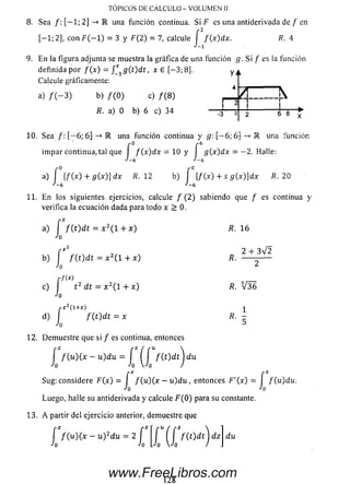 TOPICOS DE C A LC U LO - V O LU M E N II
8. Sea / : [ —!; 2] -> E una función continua. Si F es una antiderivada de / en
[-1 ; 2], con F ( - 1) = 3 y F(2) = 7, calcule J f(x)dx. R. 4
9. En la figura adjunta se muestra la gráfica de una función g. Si f es la función
definida por f ( x ) = J^gCOdt , x G [-3 ; 8], y t
Calcule gráficamente:
a) / ( — 3) b) / (O ) c) / ( 8 )
R. a) 0 b) 6 c) 34 -3 6 8
10. Sea /: [ - 6 ; 6] -> E una función continua y g: [ - 6 ; 6] ->
im par continua, tal que I / (x )d x = 10 y I g(x)dx = — 2. Halle:
J-6 “'-6
rO
una ¿unción
a) í t/(x) + £ (x )] dx fí. 12 b) [ [/(x) + s # ( x ) ] d x R. 20
•'-6 •'-6
11. En los siguientes ejercicios, calcule / (2 ) sabiendo que / es continua y
verifica la ecuación dada para todo x > 0 .
a) [ f { t ) d t = x 2( l + x )
Jo
b)
X2
í f ( t ) d t
■'O
x 2( l + x )
R. 16
2 + 3 V 2
r f W
c) I t 2 dt = x 2( l + x )
Jo
r X 2 {l + l)
R.
L
R. V 3 6
1
d) f f ( t ) d t = x
12. Dem uestre que si / es continua, entonces
J f ( u ) ( x - u ) d u = J ^ J f (t ) d t ^ j d u
Sug: considere F(x) = I f (u ) ( x - u ) d u , entonces F '( x ) = I f(u)du.
Jo Jo
Luego, halle su antiderivada y calcule F ( 0 ) para su constante.
13. A partir del ejercicio anterior, demuestre que
du[ Xf ( u ) ( x - u )2du = 2 f i f í f Zf ( t ) d t ) dz
Jo •'o lyo Jq J
128
www.FreeLibros.com
 