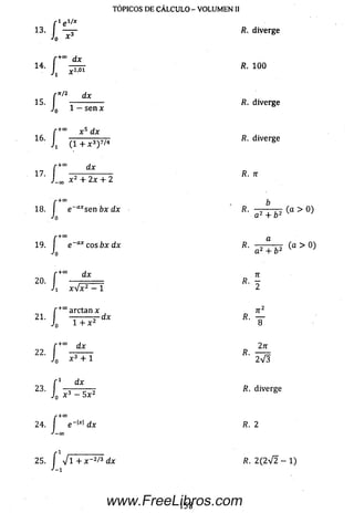 /• ig i/x
13. J —— R. diverge
Jo x
TÓPICOS DE CÁLCULO - VOLUMEN II
r +“ d x
14- { ^ R- 100
r /2 dx
I í— Rú diverge
J q 1 — ~sen a:
r+" x 5 dx
(1 + x 3) 7/4
r ..
16- I diverge
r +0° dx
17. — — ------------------------------------------------------------------ R.n
J-o* * '2 + 2x + 2
r+ O O
f +0° a
19. I e a* eos fax d x R. t (a > 0)
'o
f +0° a rcta n x
21' J P
? í +0° d*
Jn X 3 + 1
18. í e-a*sen bx dx R. —— — (a > 0)
J0 a ¿ + o ¿
a 2 + fc2
+" d x 7T
x V x 2 — 1 2
•+0° d x 2tt
22. — — - R.
2V 3
r 1 d x
23- J„ *• ‘«''“ se
r +co
24. í e -|x| d x R .2
J —03
25. J V i + x “2/3 d x /?. 2 ( 2V 2 — 1)
158www.FreeLibros.com
 