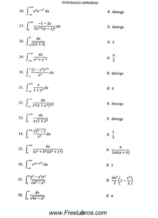 r+ca
26. I x
J—OO
+00
2e ~x3 dx
INTEGRALES IMPROPIAS
f —X —¿JL
27- I u. ;------7T~ dx
Jo
r+“ — 1 — 2x
3 x 2/3(x - l ) 2 '
dx
28
■/:
29. /_
3o- c
| V F + T |
+0° dx
_œ e* + e~x
1 ( I - * 3) 1' 3
dx
[ +0° x
3 1 - ^-------i d x
J-œ 1 + x 4
32. J
-00
-1 dx
,2 x 3( l + x 3) 4/3
„ lr+"Vxr=T
3H — dx
r+œ dx
35. '
/•'0 (a2+fc2)(è2+ x2)
r-+00f
36. e d x
* — 00
( a a i - e
37. — =
Jo V a 2 -
38. f
Jo
4 dx
V4x —x 2
fi. diverge
fi. diverge
fi. 3
fi. diverge
fi. 0
fi. diverge
fi. diverge
^ ________ _
2ab(a + b)
fi. 1
f i. 7T
159www.FreeLibros.com
 