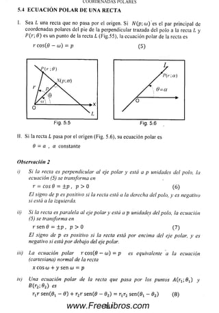 COORDENADAS POLARES
I. Sea L una recta que no pasa por el origen. S i N(p; w ) es el par principal de
coordenadas polares del pie de la perpendicular trazada del polo a la recta L y
P(r; 8 ) es un punto de la recta L (Fig.55), la ecuación polar de la recta es
r co s(0 — oj) = p (5 )
5.4 ECU A CIÓ N PO L A R DE UNA RECTA
II. Si la recta L pasa por el origen (Fig. 5.6), su ecuación polar es
8 = a , a constante
Observación 2
i) Si la recta es perpendicular al eje polar y está a p unidades del polo, la
ecuación (5) se transforma en
r = eos 8 = ± p , p > 0 (6 )
El signo de p es positivo si la recta está a la derecha del polo, y es negativo
si está a la izquierda.
ii) Si la recta es paralela al eje polar y está a p unidades del polo, la ecuación
(5) se transforma en
r sen 8 = ± p , p > 0 (7 )
El signo de p es positivo si la recta está por encima del eje polar, y es
negativo si está por debajo del eje polar.
iii) La ecuación polarr e os(8 - ùj) = p es equivalente a la ecuación
(cartesiana) normal de la recta
x eos cü + y sen o) = p
iv) Una ecuación polar de la recta que pasa por los puntos A fa ; 8X) y
B (r2>s 2) es
rxr se n (0 ! - 9) + r 2r se n (0 - 02) = ri r2 se n (0 ! - 0 2) (8 )
241www.FreeLibros.com
 
