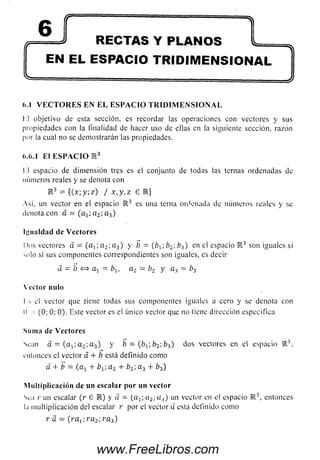 RECTAS Y PLANOS L=
EN EL ESPACIO TRIDIMENSIONAL
(-.1 V E C T O R E S E N E L E S P A C I O T R I D I M E N S I O N A L
I I objetivo de esta sección, es recordar las operacio n es con v ecto res y sus
propiedades con la finalidad de hacer uso de ellas en la siguiente sección, razón
por la cual no se dem o strarán las propiedades.
(».6.1 E l E S P A C I O E 3
1.1 espacio de d im en sió n tres es el conjunto de to d as las ternas o rd e n ad a s de
núm eros reales y se d e n o ta con
R 3 = { ( x ; y ; z ) / x , y , z 6 IR}
Así, un vector en el espacio IR3 es una terna o rd en ad a de n ú m ero s reales y se
denota con á = ( a ^ a ^ a - ^ )
Igualdad de Vectores
Dos vectores a = ( a 1; a 2; a 3) y b = ( b 1 'l b 2 , b 3 ) en el espacio K 3 son iguales si
solo sí sus co m p o n en tes corresp o n d ien tes son iguales, es decir
d = b <=> a t = b lt a 2 = b 2 y a 3 = b 3
Vector nulo
I s el vector que tiene todas sus co m p o n en tes iguales a cero y se den o ta con
0 -- (0; 0; 0 ). Este vecto r es el único vector que no tiene dirección especifica
Suma de Vectores
Sean á = ( a 1 ; a 2 ; a 3 ) y b = ( b 1 ; b 2 ; b 3) d o s vectores en el esp acio IR3,
enlonces el vector á + b está d efinido com o
á + b = ( a 1 + b 1 -,a2 + b 2 a 3 + b 3)
Multiplicación de un escalar por un vector
Sea r un escalar ( r 6 R ) y a = ( a : ; a 2 ; a :l) un vector en el espacio IR3, entonces
1.1 m ultiplicación del escalar r po r el vector ü está definido com o
r á = (raí,- r a 2; r a 3)
www.FreeLibros.com
 