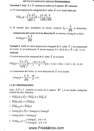 RECTAS Y PLANOS EN EL ESPACIO TRIDIMENSIONAL
Teorem a 3 Sean a y b vectores no nulos en el espacio K 3, entonces
¡i) E l vector proyección ortogonal de a sobre b es el vector dado por
d - úP ro y r a = b =
pii; pii
I)) A l escalar que m ultiplica al vector u n ita rio ur = - J - se denom ina
IMI
com ponente del vector a en la dirección b (se denota Com pga), es decir,
~ . a - b
C o m p g a =
Ejem plo 6 Halle el vector proyección ortogonal de a sobre b y la componente
del vector á en la dirección b de los vectores a = (5; 0 :4 ) y b = (2; - 1 ; 2)
Solución
El vector proyección ortogonal de a sobre b es el vector
-— . „ ( á - b  r /10 + 0 + 8 
n a = F F v— 9— J (2: ~ 1; 2 ) = 2(2; _ 1 ; 2 ) = (4; _ 2 ;
.a componente del vector a en la dirección de b es el escalar
a - b 18
6.1.8.1 P R O P IE D A D E S
C o m p g a = = — = 6
Sean a , b y c vectores no nulos en el espacio K 3 y k un escalar cualquiera
distinto de cero. Entonces
I . P ro y ¿(a ± b ) = P roy f a ± Proy,? b
2. P ro y ¿(ka) = k P roy ¿a
3. P ro y (fcf)a = P ro y c-a
4. C o m p ¿(a ± b ) = C o m p ra ± C om p ró
5. C o m p ^ fc a ) = kCom p¿a
, „ f C o m p ra , si k > 0
' C - W Í - c ün, p , i , s i K ,
281www.FreeLibros.com
 