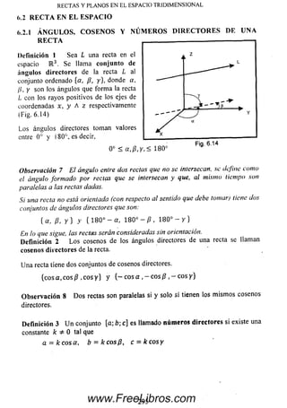 RECTA S Y PLANOS EN EL ESPACIO TRIDIM ENSIONAL
(>.2 R E C T A E N E L E S P A C I O
6.2.1 Á N G U L O S , C O S E N O S Y N Ú M E R O S D I R E C T O R E S D E U N A
R E C T A
Definición 1 Sea L una recta en el
espacio M 3. Se llama conjunto de
ángulos directores de la recta L al
conjunto ordenado {a, p, y}, donde a,
¡i, y son *os ángulos que form a la recta
L con los rayos positivos de los ejes de
coordenadas x, y A z respectivamente
(Fig. 6.14)
Los ángulos directores toman valores
entre 0 o y 180°, es decir,
0 C < a , p , y , < 180°
Observación 7 El ángulo entre dos rectas que no se intersecan, se define como
el ángulo form ado por rectas que se intersecan y que, al mismo tiempo son
paralelas a las rectas dadas.
Si una recta no está orientada (con respecto al sentido que debe tomar) tiene dos
conjuntos de ángulos directores que son:
{ a , p, y ) y { 1 8 0 ° - a , 1 8 0 ° - / ? , 1 8 0 p - y }
En lo que sigue, las rectas serán consideradas sin orientación.
Definición 2 L o s cosenos de los ángulos directores de una recta se llaman
cosenos directores de la recta.
U na recta tiene dos conjuntos de cosenos directores.
(eos a, eos /? ,eos y } y { - e o s a , - e o s / ? , - e o s y }
O b se rv a c ió n 8 D o s rectas son paralelas si y solo sí tienen los m ism os cosenos
directores.
D e fin ición 3 U n conjunto [a; b; c] es llamado números directores si existe una
constante fe ^ 0 tal que
a = k eos a, b = kcosp, c = kcosy
295www.FreeLibros.com
 