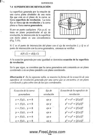 SUPERFICIES
7.4 SU PE R FIC IE S DE R EV O LU C IÓ N
La superficie generada por la rotación de
una curva plana alrededor de una recta
fija que está en el plano de la curva, se
llama superficie de revolución. L a recta
fija se llama eje de revolución y la curva
plana se llama curva generadora.
Si por un punto cualquiera P (x ; y ;z ) se
traza un plano perpendicular al eje de
revolución, la intersección de la superficie
con dicho plano es una circunferencia
(Fig. 7.15).
Si C es el punto de intersección del plano con el eje de revolución L y Q es el
punto de intersección con la curva generadora, entonces se verifica
d{P-,C) = d (Q ,C )
A la ecuación generada por esta igualdad se denomina ecuación de la superficie
de revolución.
En lo que sigue, se considera que la curva generadora está contenida en un plano
coordenado o en un plano paralelo a un plano coordenado.
Observación 4 En la siguiente tabla, se muestra la forma de la ecuación de una
superficie de revolución generada por una curva que se encuentra en un plano
coordenado y gira sobre uno de los ejes coordenados.
Ecuación de la curva
generadora
Eje de
revolución
Ecuación de la superficie de
revolución
o
II
x
II
N
eje y x 2 + z 2 = [/ (y )]2
* = / ( y ) , z = o eje y x 2 + z 2 = [ f ( y ) ] 2
y- = / ( * ) , y = 0 eje x y 2 + z 2 — [ f{ x ) Y
y = f ( x ) , z = 0 eje x y 2 + z 2 — [/ (x )]2
y = / ( z ) , x = 0 e je z x 2 + y 2 = [/ (z )]2
x = A * ) . y = 0 e je z x 2 + V 2 = í f ( z ) ] 2
Fig. 7.15
www.FreeLibros.com
 