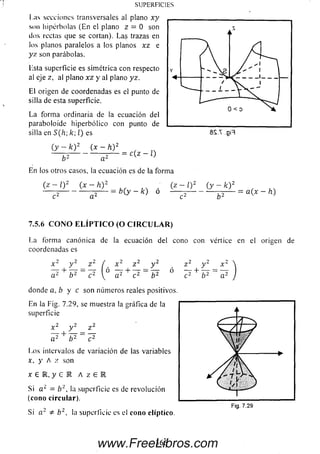SU PERFICIES
l.iis secciones transversales al plano x y
son hipérbolas (En el plano z = 0 son
ilos rectas que se cortan). La$ trazas en
los planos paralelos a los planos xz e
yy. son parábolas.
lista superficie es simétrica con respecto
al eje z, al plano x z y al plano yz.
E l origen de coordenadas es el punto de
silla de esta superficie.
La forma ordinaria de la ecuación del
paraboloide hiperbólico con punto de
silla en S{h; k l) es
(y ~ k ) 2 (x - h y
= c(z - l)
b 2 a 2
En los otros casos, la ecuación es de la forma
( z - / ) 2 ( x - h ) 2 „ ; (z-
— 3 -------------- -5— = b ( y - k ) o —
O2 { y - k f
= a(x - h)
7.5.6 C O N O E L Í P T I C O (O C I R C U L A R )
La forma canónica de la ecuación del cono con vértice en el origen de
coordenadas es
donde a, b y c son núm eros reales positivos.
En la Fig. 7.29, se muestra la gráfica de la
superficie
x 2 y 2 z 2
a 2 + b 2 c2
Los intervalos de variación de las variables
x, y A z son
x e 1 , y e 1 a z e E
Si a ¿ — b'¿, la superficie es de revolución
(cono circular).
Si a 2 * b 2, la superficie es el cono elíptico.
366www.FreeLibros.com
 