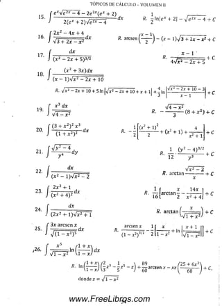 TÓPICOS DE CÁLCULO - VOLUMEN II
5 /
e x¡e2x - 4 - 2 e 2x( e x + 2)
15. | — ------------- — "■■■■■ ■■ —— —dx
2{ex + 2 ) 4 e 2x~ - 4
R. —nex + 2| - V e 2* - 4 + c
_ f 2 x 2 - 4 x 4- 4
16. j - — dx
J 4 3 + 2x —x 2
R. aresen - (x - 1 )V 3 + 2 x - x 2 + C
17
18.
dx
( x2 - 2 x + 5 ) 3/2
( x 2 + 3 x )d x
R.
x - 1
4 V x 2 - 2x + 5
í ( x2 + 3x
J (x - l W x 2 -(X - l ) V x 2 - 2x + 10
R . V * 2 - 2a: + 10 + 5 In |V*2 - 2x + 10 + x + l| + - ln
V x 2 - 2x + 1 0 - 3
x - 1
+ C
m Í 4 ^ L
J V 4 — x 2
(3 + x 2) 2 x 3
2 0 '
V4 - x2
/? .------ -----(8 + x2) + C
21
22
23
/
f V y 2 ~ 4
i y 4
‘ J
■/
R. - -
. 2
( *2 + l ) 2 , 7 , 4
-------------+ (x 2 + 1) + -f* €
d y
(x2 —l)Vx2 - 2
2x2 4- 1
( x 2 + 4 ) 2
dx
dx
161
r — ( y 2 - 4 ) 3/2
■ Í 2 y 3 + C
_ Vx2 - 2
k. arctan--------- + C
x
x 1 4 x
2 x 2 4- 4J
( 2x 2 4- l ) V x 2 + 1
f 3 x a r c s e n x
25. I — . dx
R- r r la r c t a n r ----— — - 14- C
fi. arctan * ) + C
W 1 4- r 2/
J V ( i - * 2) 5
J V i - x 2 v i - x /
aresen x 1 [ x
(1 — x 2)3/7
i r x
2 l ~
-4-in
■Vi 4- x 2
AT+ 1
V T
4- C
dx
R ] n f 1 + X ) ( 2 7 3 1 s  , 89 /25 + 6x 2
*■ ln l T ^ I A 3 z ~ 5 - zJ + g ó arcsen* “ * 2 ( — e T ' j + c-
donde z = J l - x 2
54www.FreeLibros.com
 